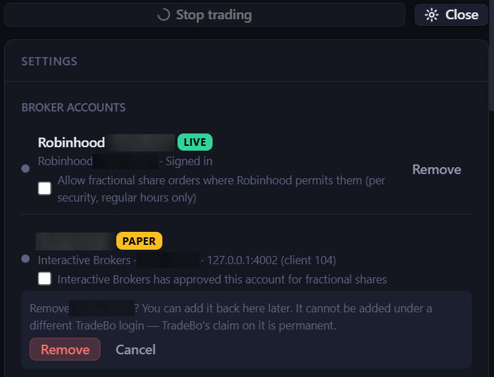 Settings, Broker accounts: a Robinhood account and an Interactive Brokers paper account, with the Remove confirmation open under the second