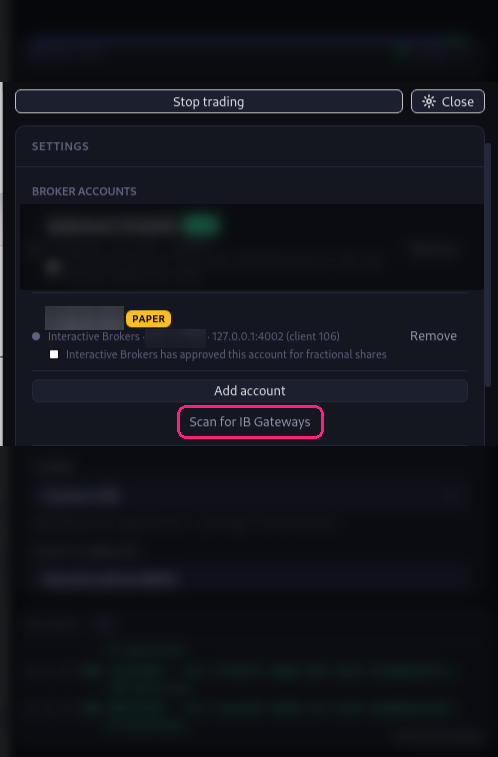 The Broker Agent's settings, Broker accounts section, with Scan for IB Gateways highlighted